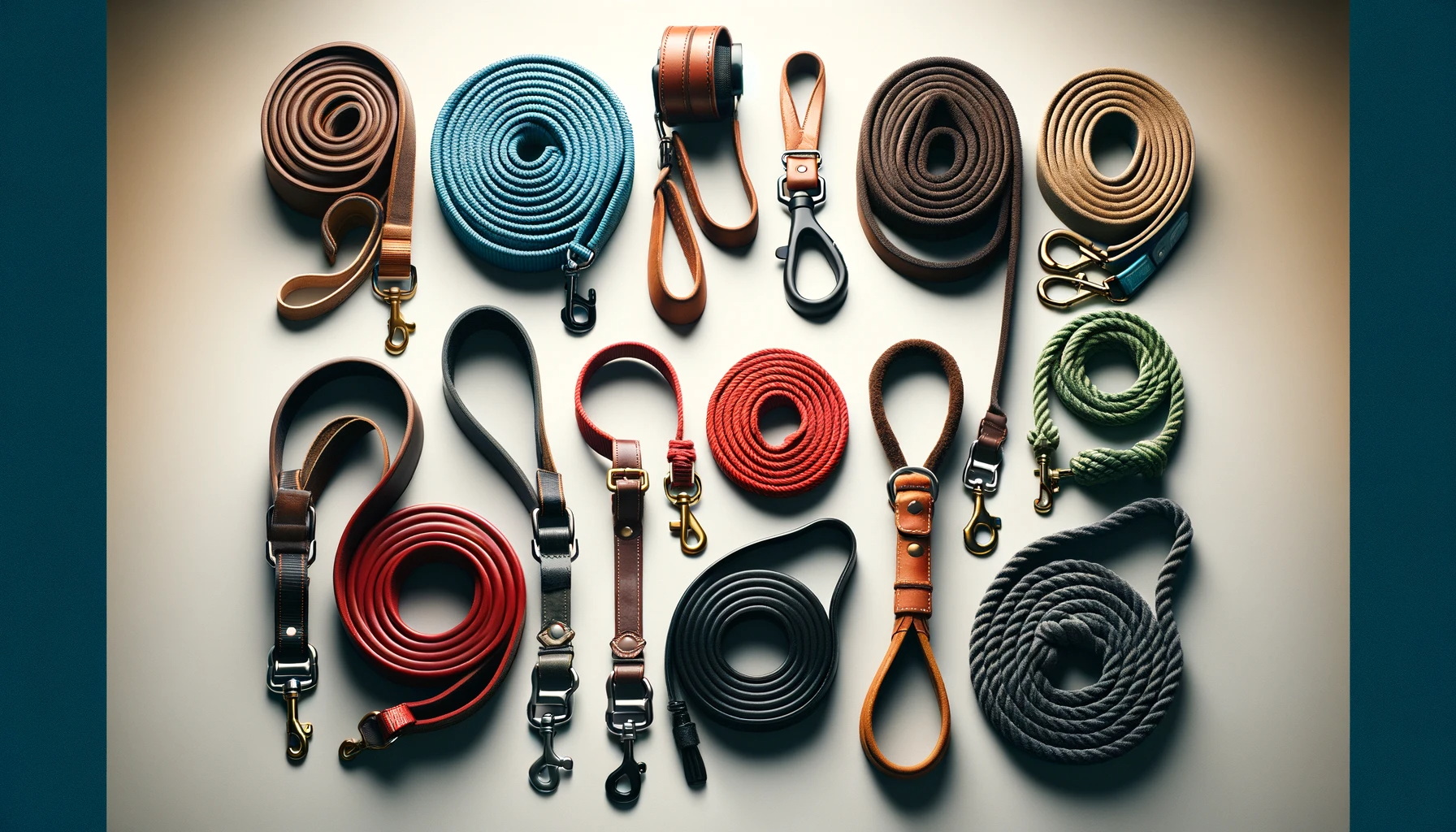 A wide 16:9 image displaying a variety of dog leashes suitable for different types of dogs and activities. The collection includes a standard flat leash, a retractable leash, a leather leash, a heavy-duty leash for larger breeds, and a rope slip lead. Each leash is distinctly styled and colored to stand out: the flat leash is red, the retractable is blue, the leather is classic brown, the heavy-duty leash is black, and the rope slip lead is green. The leashes are neatly arranged in a fan shape, showcased on a simple, clean background to keep the focus on the leashes. The image is infused with bright, natural lighting to highlight the materials and craftsmanship of each leash, making it an informative visual guide for dog owners looking for leash options.