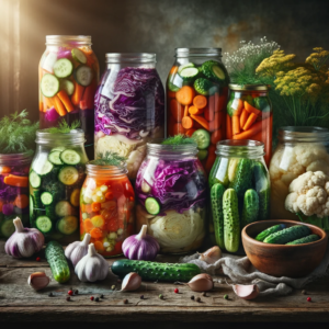 A vibrant array of fermented vegetables in a rustic kitchen setting. The image features glass jars of various sizes filled with colorful fermented cabbage, carrots, cucumbers, onions, and cauliflower. Each jar is packed with vegetables, showing off the rich colors of purple, orange, green, and white, with visible bubbles indicating active fermentation. The jars are arranged on a weathered wooden table, with a bowl of fresh garlic and a bunch of dill on the side, enhancing the homey, artisanal feel of the scene. Soft, natural light filters through a nearby window, casting a warm glow and creating a welcoming ambiance.