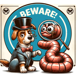 A humorous and light-hearted image illustrating the concept of worms in dogs, designed for an educational context. The image depicts a cartoonish dog with a playful expression, sitting next to a magnified illustration of a worm wearing a top hat and monocle, giving it a 'gentlemanly' appearance. The worm is holding a sign that reads 'Beware!' in a fun, bold font. Both the dog and the worm are in a cartoon-style drawing, set against a background that has a comical 'No Worms Allowed' symbol. This playful approach to the subject aims to educate about the importance of deworming in a manner that is engaging and not frightening to younger audiences.
